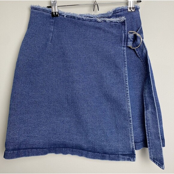 Emory Park Blue Denim Wrap Mini Skirt w D-Ring Buckle - Picture 1 of 6